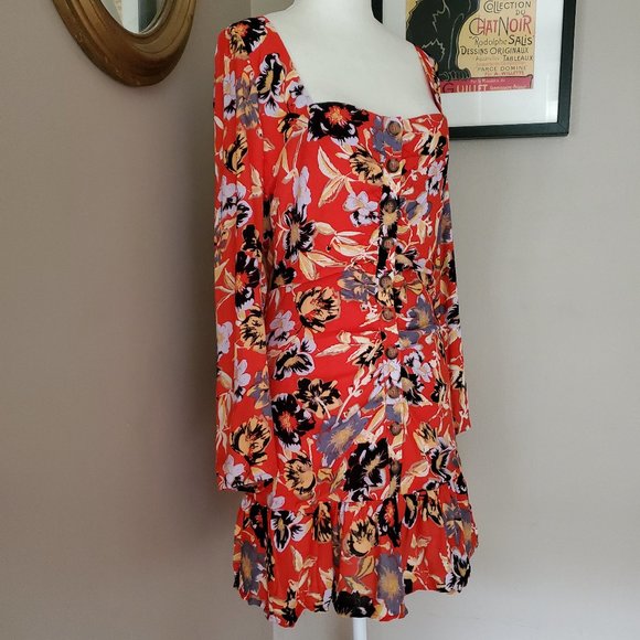 Free People Red Floral Button Front Dress Size 6 NWT - Picture 7 of 16